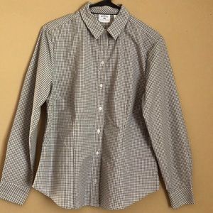 Casual/Work Attire: Black/White Checkered Button Down Shirt, long sleeves